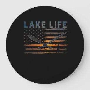 Lake Life Fisherman Sunset American Flag Bass Fish Große Wanduhr