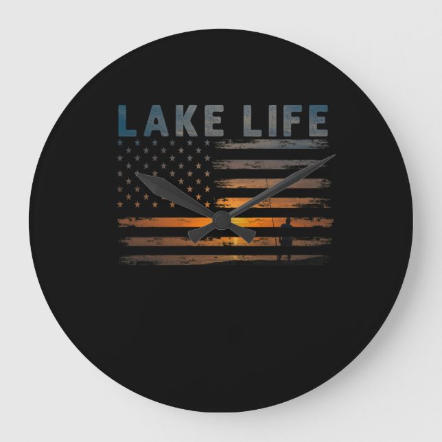 Lake Life Fisherman Sunset American Flag Bass Fish Große Wanduhr (Vorderseite)