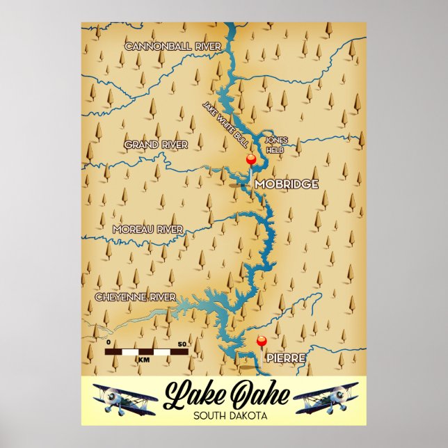 Lake Oahe South Dakota Karte Poster (Vorne)