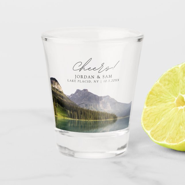 Lake Placid Foto Gastgeschenk Hochzeit Cheatglas Schnapsglas (Vorderseite)