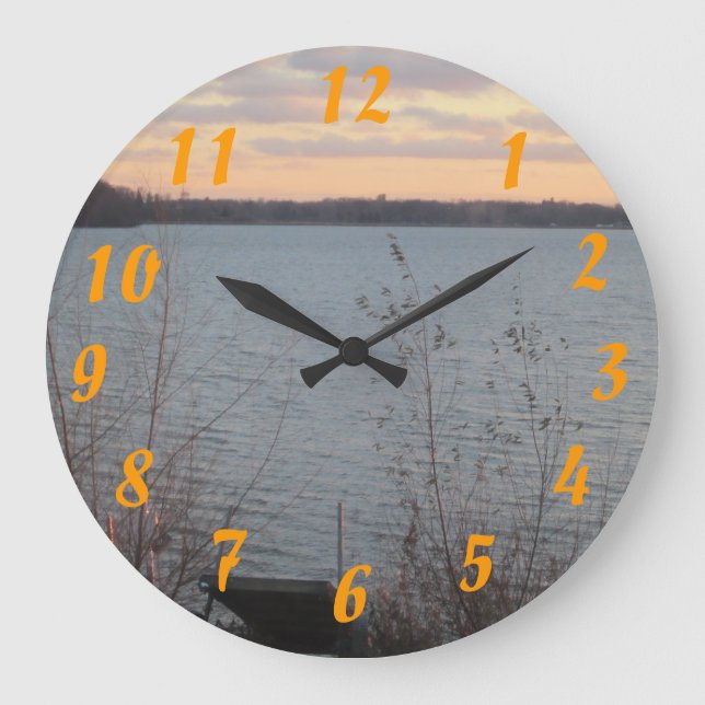 Lake Shore Sunset Clock Große Wanduhr (Vorderseite)