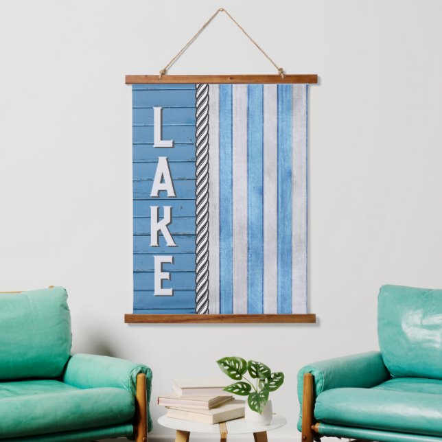 Lake Sign Blue und Grau Wandteppich Mit Holzrahmen (Wohnzimmer)