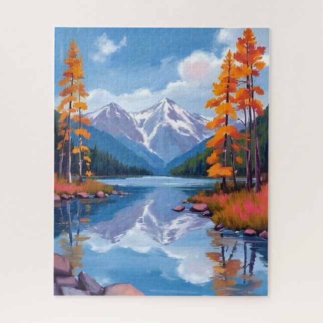 Lake Tahoe Autumn | Fall Foliage Mountain Painting Puzzle (Vertikal)