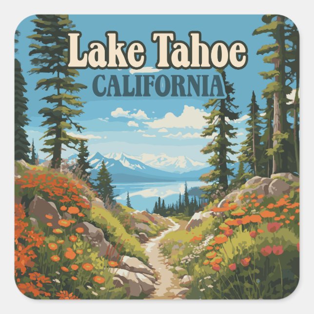 Lake Tahoe California Nevada Retro Travel Quadratischer Aufkleber (Vorderseite)