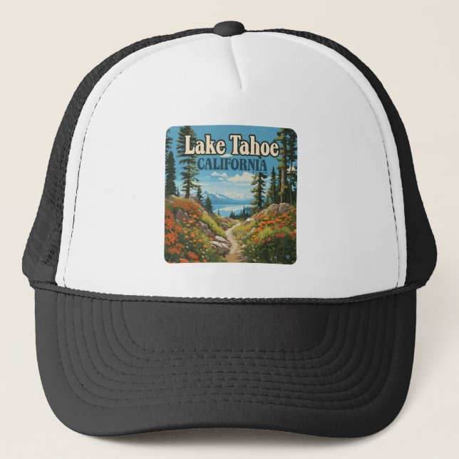 Lake Tahoe California Nevada Retro Travel Truckerkappe (Vorderseite)