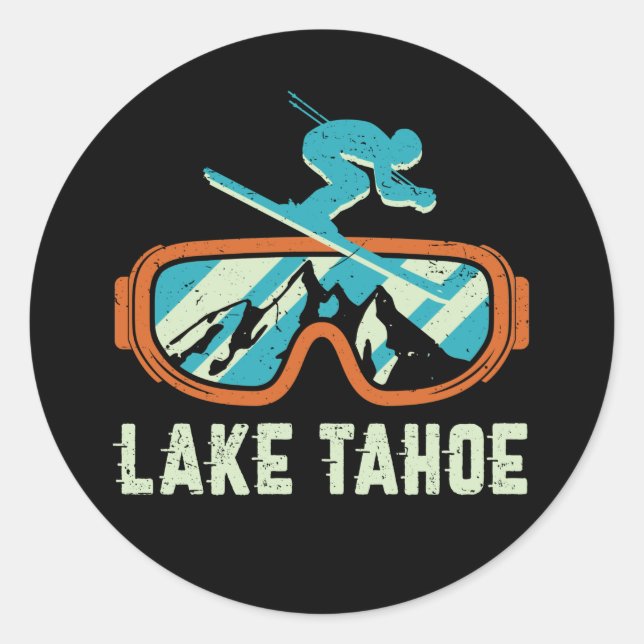 Lake Tahoe California Retro Skiing Snowboarding Runder Aufkleber (Vorderseite)