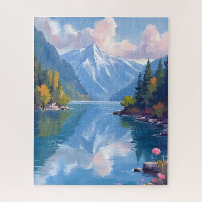 Lake Tahoe Mountains Watercolor Nature Painting Puzzle (Vertikal)