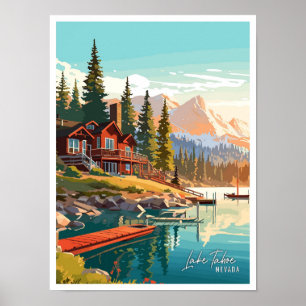 Lake Tahoe Nevada Kunst Vintage-Reiseillustration Poster