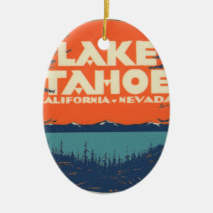 Lake Tahoe Vintage-Reiseaufkleber-Design Keramikornament