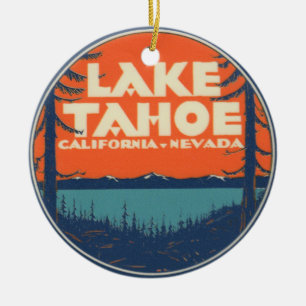 Lake Tahoe Vintage-Reiseaufkleber-Design Keramikornament