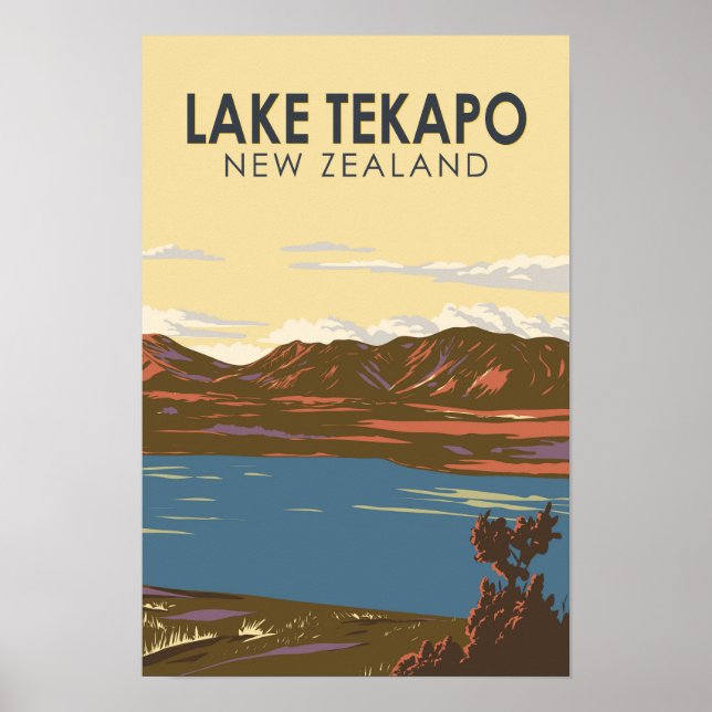 Lake Tekapi New Zealand Vintager Rundgang Kunstgie Poster (Vorne)