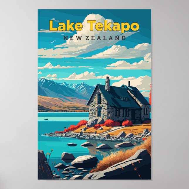 Lake Tekapi New Zealand Vintager Rundgang Kunstgie Poster (Vorne)