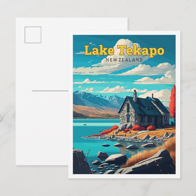 Lake Tekapi New Zealand Vintager Rundgang Kunstgie Postkarte (Vorne/Hinten)