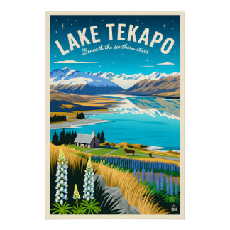 Lake Tekapo Neuseeland Retro-Reiseposter-Kunst Poster