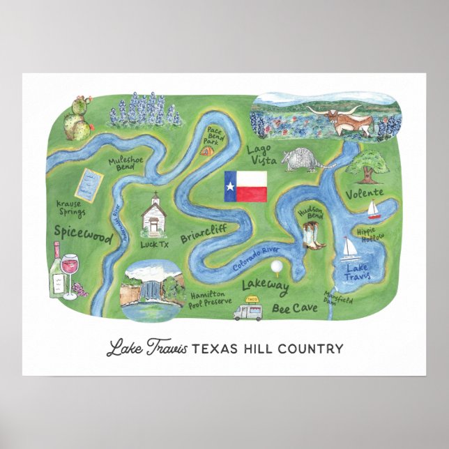 Lake Travis Texas Hill Land Illustrierte Karte Poster (Vorne)