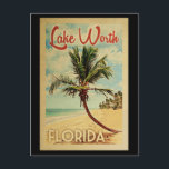 Lake Worth Palm Tree Vintage Reise Postkarte<br><div class="desc">Ein einzigartiger Retro-Kunstdruck aus der Mitte des Jahrhunderts im Stil eines Vintage-Reiseplakats. Es verfügt über eine geschwungene Palme am Sandstrand mit Ozean unter einem blauen bewölkten Himmel.</div>