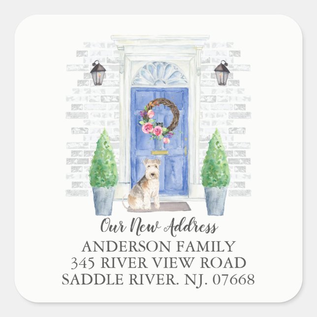 Lakeland Terrier Blue Door New Address Label Quadratischer Aufkleber (Vorderseite)