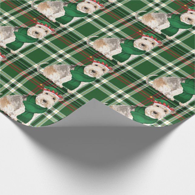 Lakeland Terrier Dog und Green Kariert Christmas Geschenkpapier (Ecke)