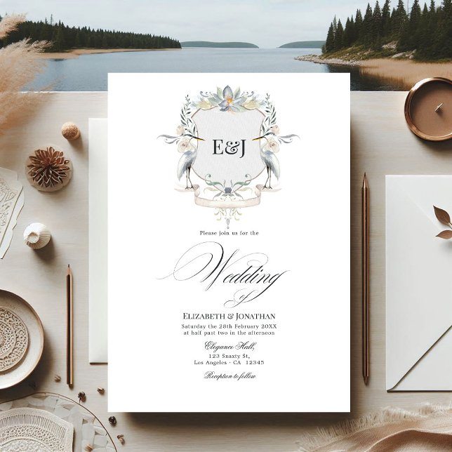 Lakeside Monogram Laurel Wappen Wedding Einladung (Lakeside Monogram Laurel Crest Wedding Invitation)