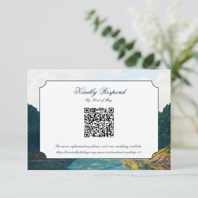 Lakeside Mountain Valley Wedding QR code RSVP Card (Stehend Vorderseite)