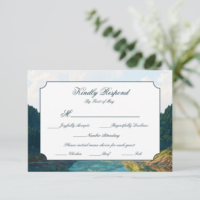 Lakeside Mountain Valley Wedding RSVP Card (Stehend Vorderseite)