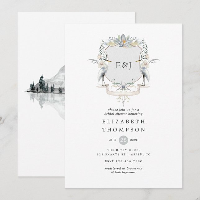 Lakeside Wedding Monogram Wappen Brautparty Einladung (Vorne/Hinten)