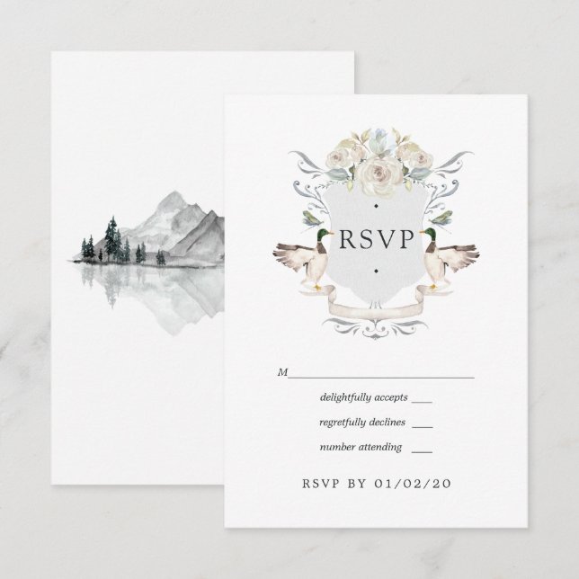Lakeside Wedding Monogram Wappen RSVP Karte (Vorne/Hinten)