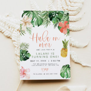 LALANI Beach Pink Hibiskus Luau Hula 1. Geburtstag Einladung