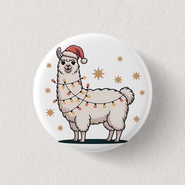 Lama Alpaka mit Weihnachtsmannmütze und Weihnachts Button (Vorderseite)