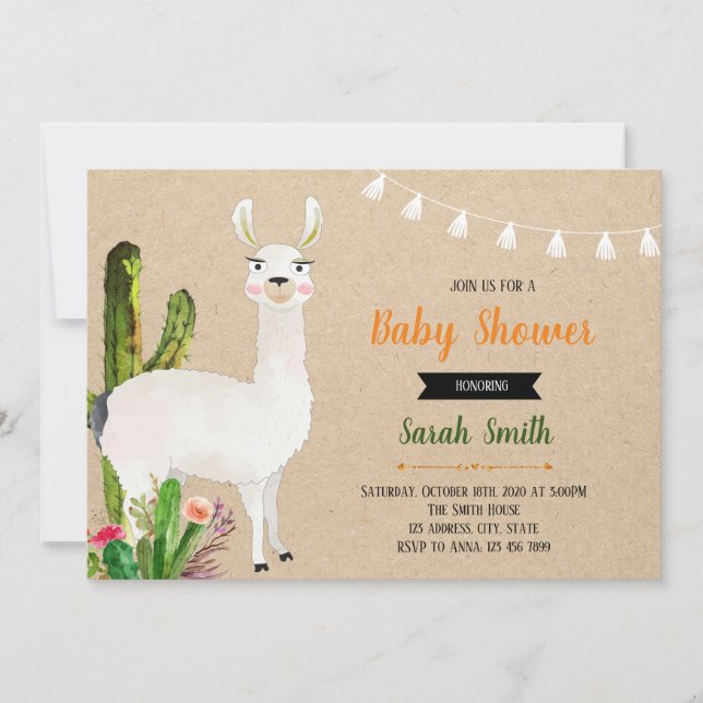 Lama Baby Duschfiesta Einladung (Vorderseite)