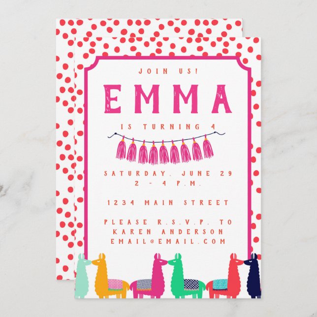 Lama-Geburtstags-Party Einladung (Vorne/Hinten)