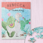 Lama Illustration - Lamming Kids Personalisiert Puzzle<br><div class="desc">Personalisierte Kinder rätseln sich mit einer hübschen Lama-Illustration. Die Vorlage ist für Sie Set, um den Namen des Kindes hinzuzufügen, sodass der Text lautet "Name ist erstaunlich!". Das Puzzle hat eine Aquarellbilder eines zauberhaften, flauschigen weißen Lamas, das in einem Kaktusgarten stehend ist. Sie trägt eine rosa Blume in ihren Haaren,...</div>