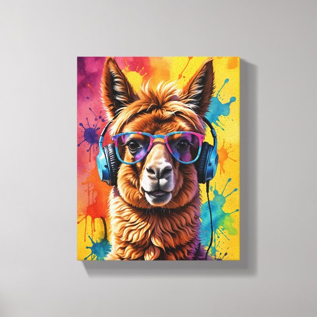Lama in Kopfhörern Leinwanddruck (Vorderseite)