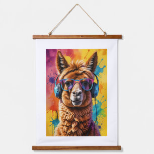 Lama in Kopfhörern Wandteppich Mit Holzrahmen