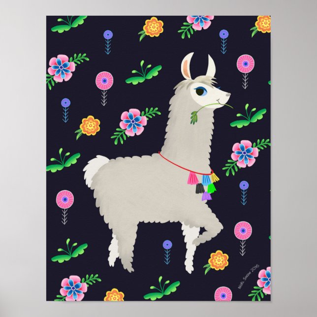 Lama mit Blume Art Print Poster (Vorne)
