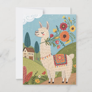 Lama mit Blume Folklorekunst Postkarte