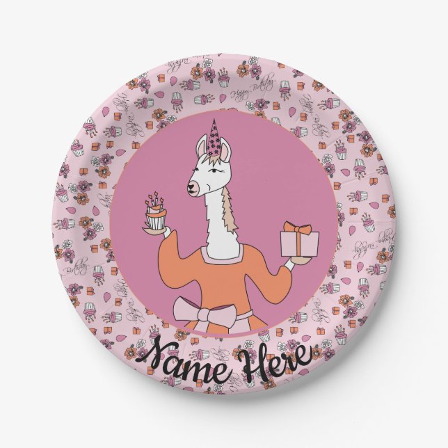 Lama mit Kuppelkuchen Pappteller (Vorderseite)