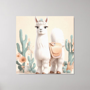 Lama mit Sattel in der Wüste Leinwanddruck