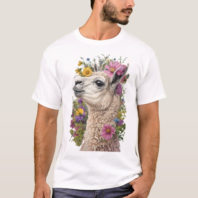 Lama-Seitenprofil mit lebendiger Blüte T-Shirt (Vorderseite)