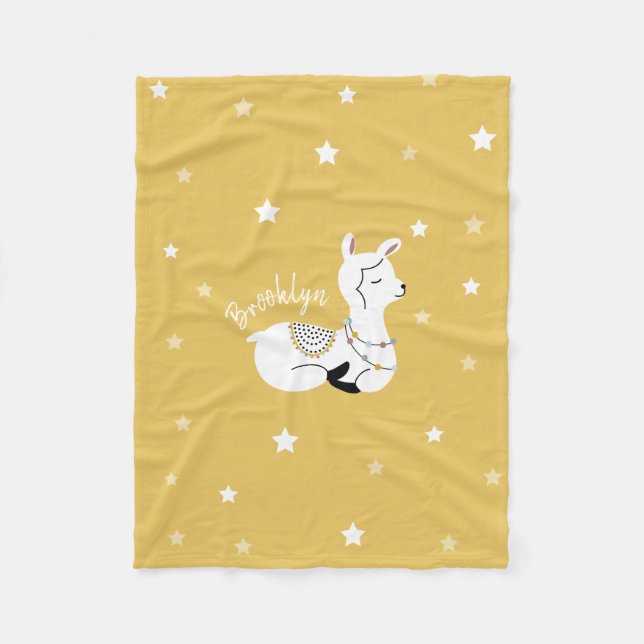 Lama Stars Personalisiert Gelbes Fleece Blanken (Vorderseite)