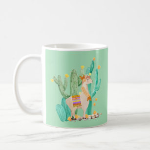 Lama-u. Kaktus-Aquarell-Illustrations-Minzen-Grün Kaffeetasse