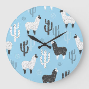 Lama und Kaktus, niedliches Muster. Große Wanduhr
