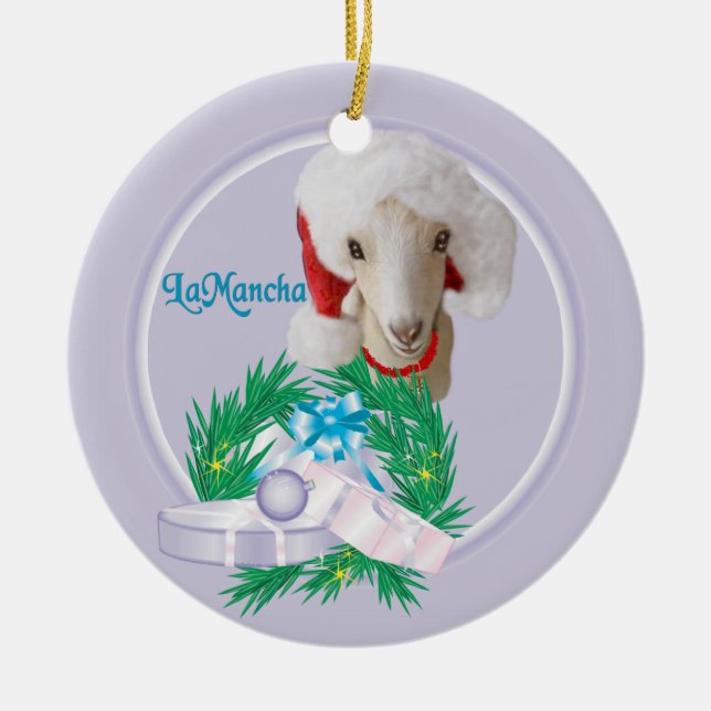 LaMancha Goat in Weihnachtsmannmütze Wreath Holida Keramikornament (Vorne)