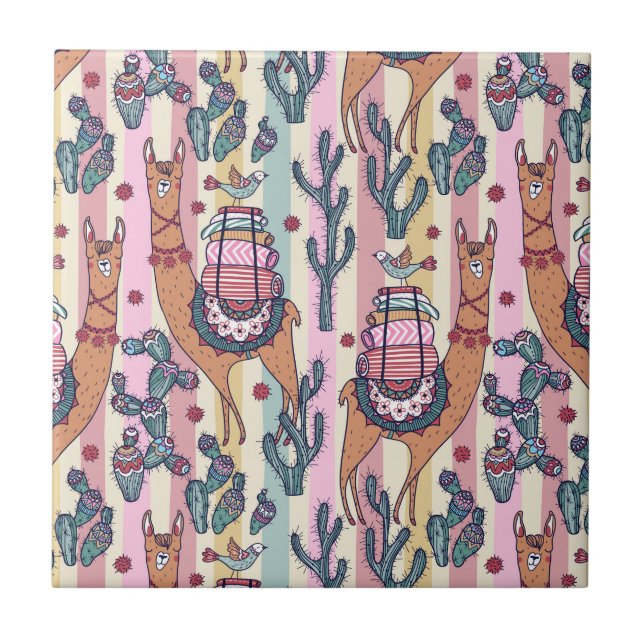 Lamas auf Streifen-Muster Fliese (Vorderseite)
