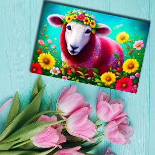 Lamb Animal Cute Bright Flowers Pink Colorful  Postkarte