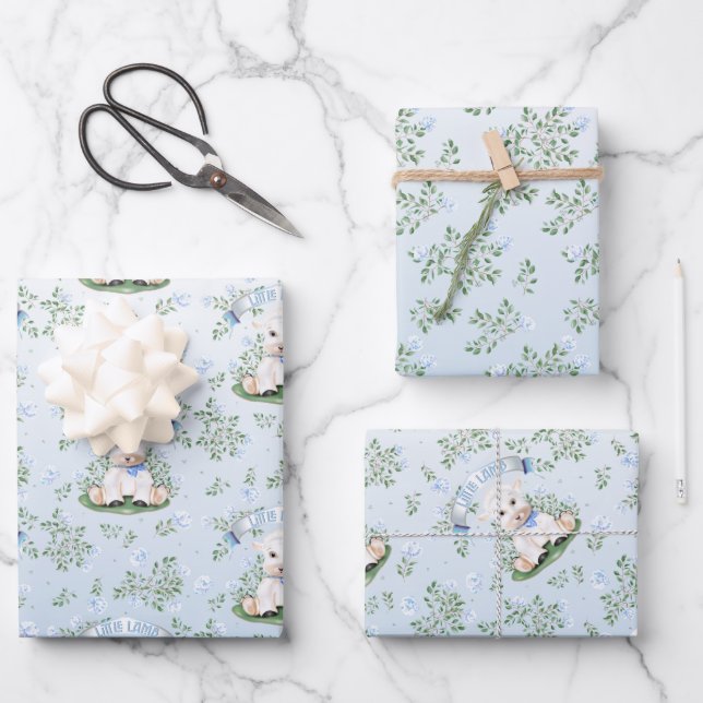 Lamb Blue Floral Baby Duschpapier Geschenkpapier Set (Vorderseite)