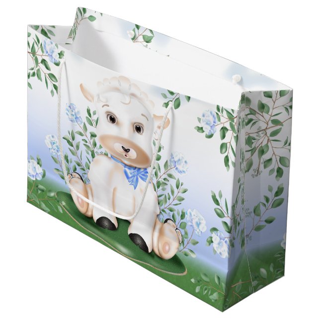 Lamb Blue Floral Boy Baby Dusche Große Geschenktüte (Vorderseite Schrägansicht)