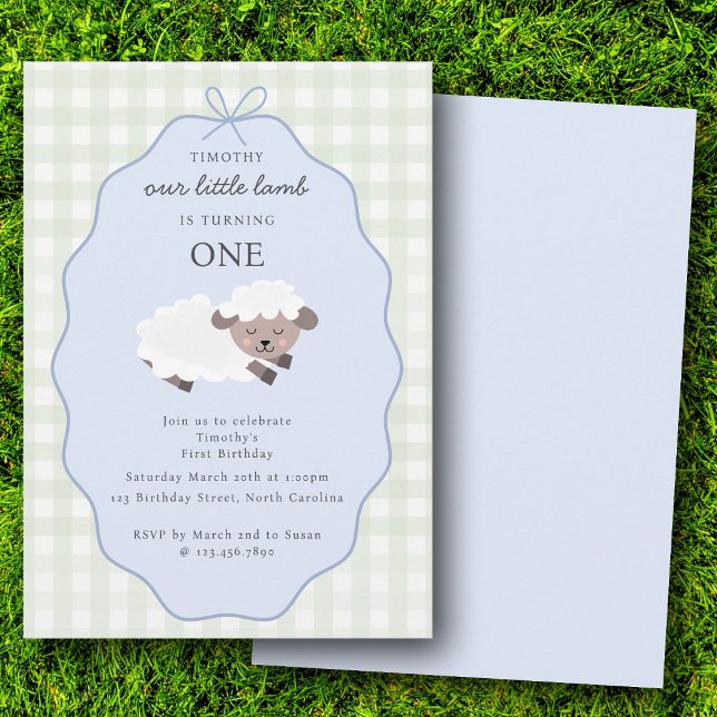 Lamb Farm Party Animals Boys 1st Birthday Blue Einladung (Lamb Farm Party Animals Boys 1st Birthday Blue Invitation)