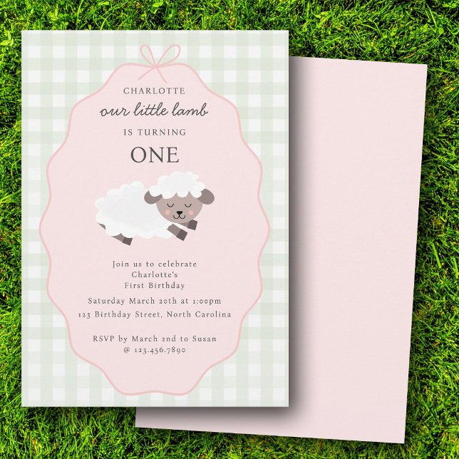 Lamb Farm Party Animals Girls 1st Birthday Pink Einladung (Lamb Farm Party Animals Girls 1st Birthday Pink Invitation)