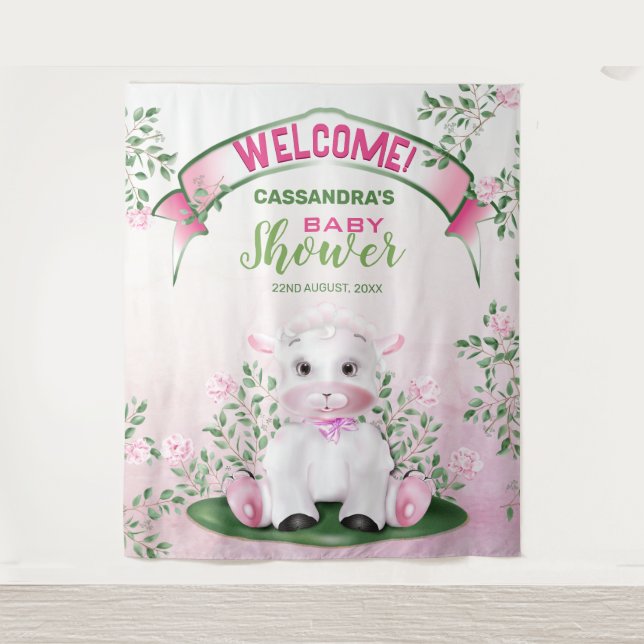 Lamb Pink Floral Baby Dusche Hintergrund Wandteppich (Vorderseite)